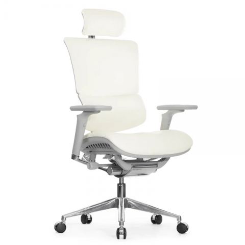 Кресло Falto Leather Premium SL (динамичный поясничный упор, натуральная кожа, каркас серый, белый)