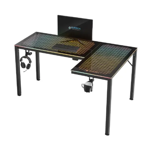 Стол EUREKA ERK-GD-L60R-B-EU L-формы со стеклянной столешницей и RGB-подсветкой