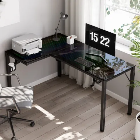 Стол EUREKA ERK-GD-L60R-B-EU L-формы со стеклянной столешницей и RGB-подсветкой