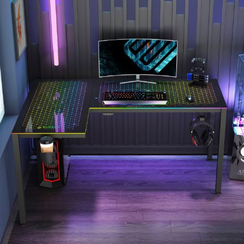 Стол EUREKA ERK-GD-L60R-B-EU L-формы со стеклянной столешницей и RGB-подсветкой