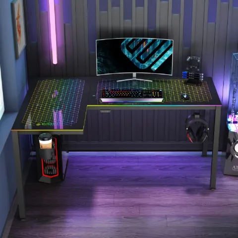 Стол EUREKA ERK-GD-L60R-B-EU L-формы со стеклянной столешницей и RGB-подсветкой